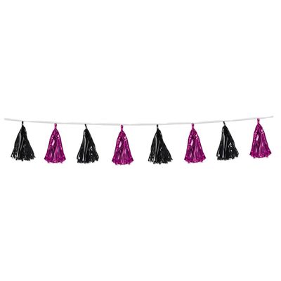 Beistle Metallic Curtains for Parties, Cerise and Black Metallic Tassel Garland 9.75 Inch x 8 Feet, Pack 12