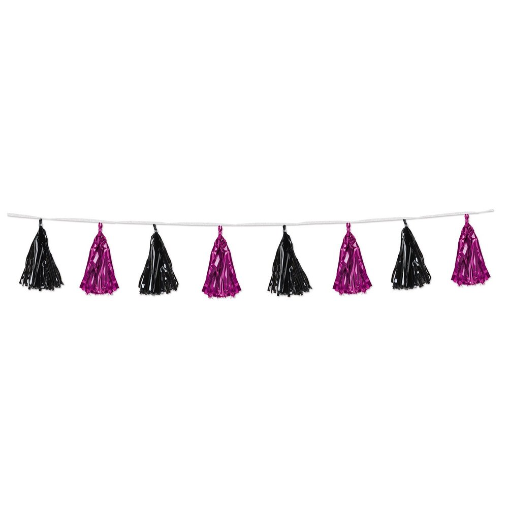 Beistle Metallic Curtains for Parties, Cerise and Black Metallic Tassel Garland 9.75 Inch x 8 Feet, Pack 12