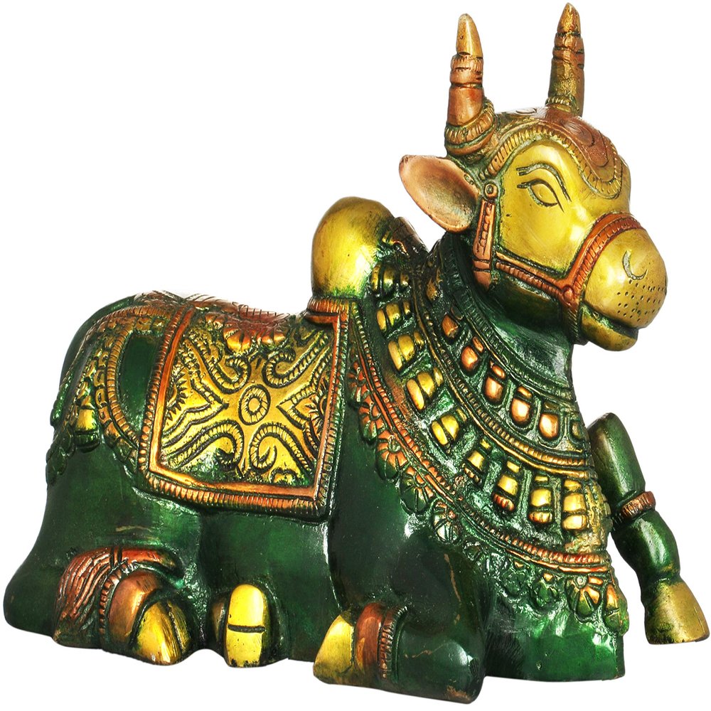 Exotic India Nandi - The Vehicle of Lord Shiva - Brass Statue - Color Amazing Henna Touch Color