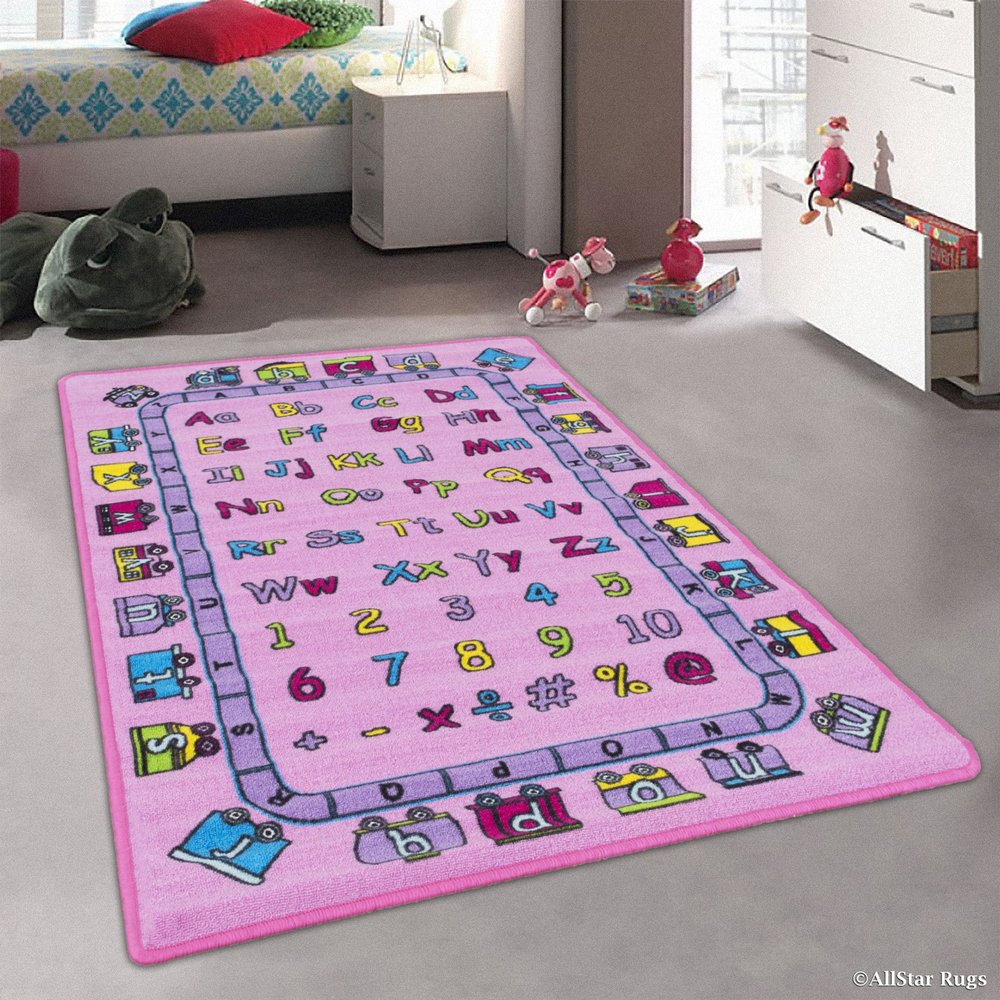 Allstar 5x7 Pink Kids' Educational Rectangular Accent Rug with Multicolored Alphanumeric Design (4' 11" x 6' 10")