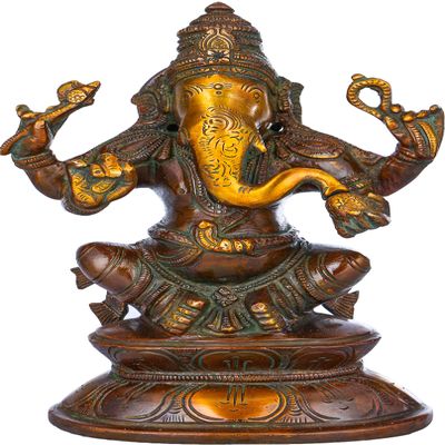 Exotic India Ganesha on Double Lotus Base - Brass Statue - Color Double Chola