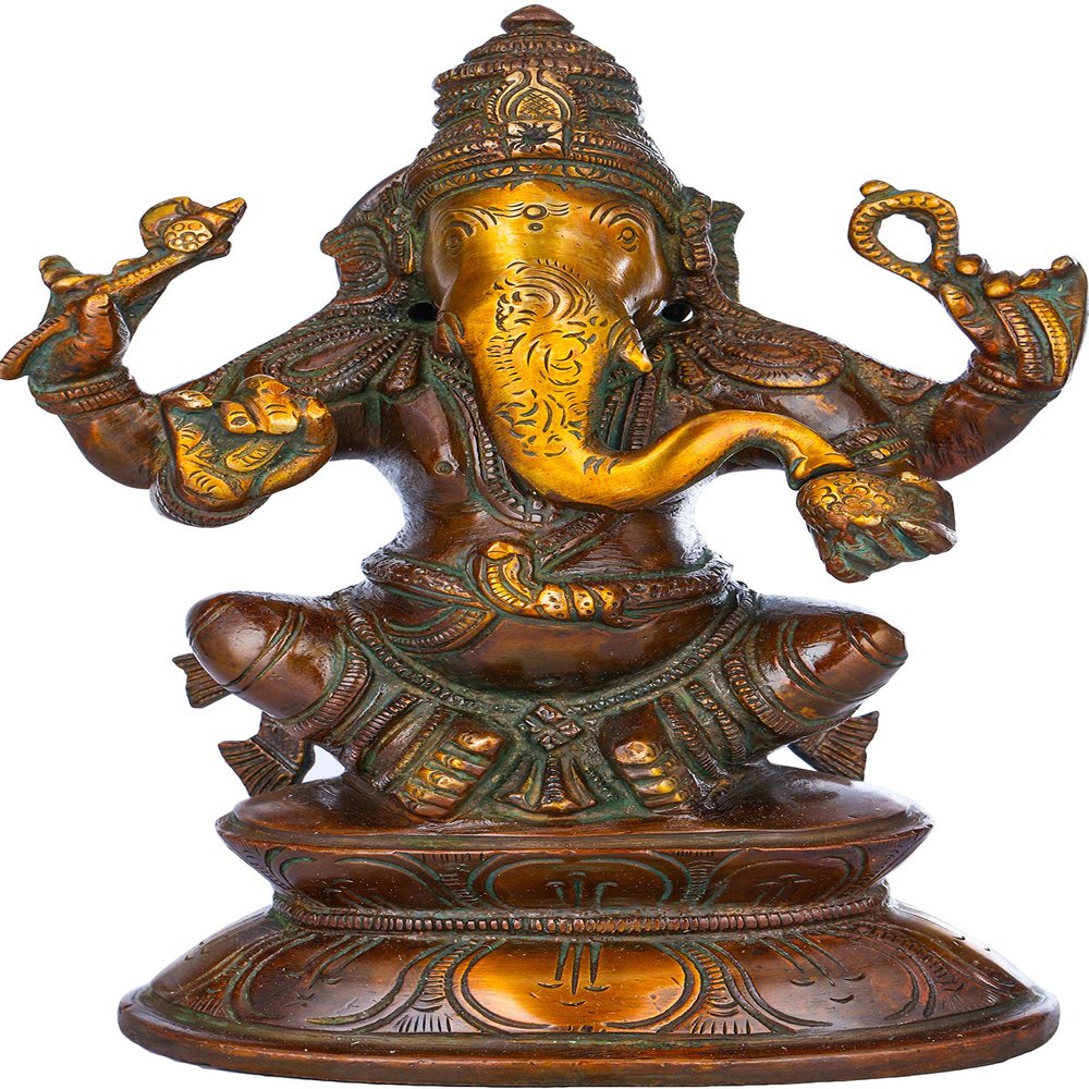 Exotic India Ganesha on Double Lotus Base - Brass Statue - Color Double Chola