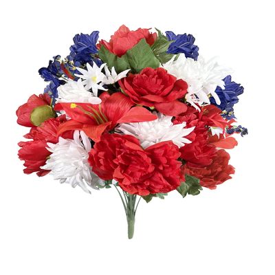 Admired by Nature 24 Stems Artificial Flower Peony Lily Mum Patriotic Memorial Bouquet Cemetery Decorations for Grave, Spring Faux Flower Arrangement, Veterans, Independence Day, Red White Blue