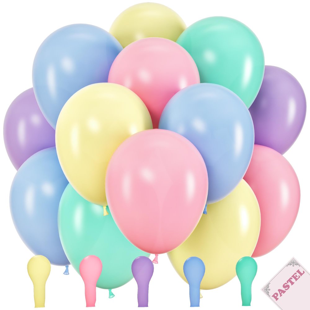 100 Pastel Balloons for Parties 10 Inch Latex for Easter Party Decorations or Rainbow Supplies - Blue, Purple, Yellow, Green and Pink Balloons for Ice Cream, Donut, Sprinkle, Birthday