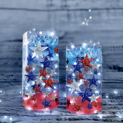 75 Floating Sparkling Patriotic Stars Red Blue Silver and Matching Beads- Fills 1 Gallon of Transparent Gels for Floating Effect-With Measured Floating Gels Prep Bag for Best Results!