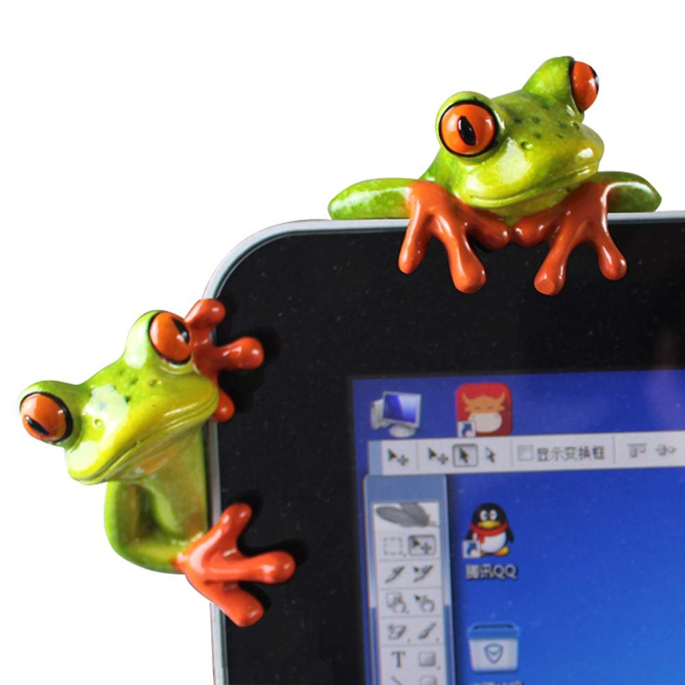 2 Pcs Funny Resin Frogs Decor, 3D Creative Craft Animal Frog Figurine Adorable Office Desk Toy Great for Computer Monitor Desk Decoration