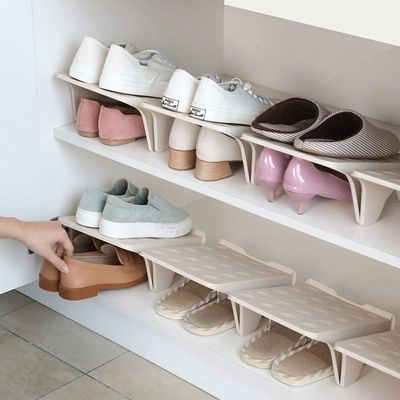 4 Pcs Stacking Shoe Organizer for Shelf 10 x 8.7 in  Double Layer Space Saving Shoe Dividers for Shelves  Footwear Riser for Heels Under 4.7", Sneakers & Flats Storage for Small Closets, Dorms, Apts