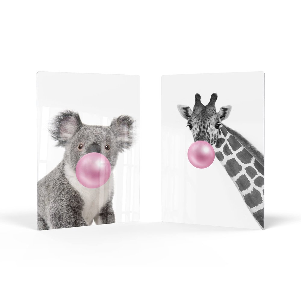 Smile Art Design Koala and Giraffe Animal Bubble Gum Art 2 PANEL METAL PRINT SET Pink Gum Black and White Wall Art Home Decoration Pop Art Kids Room Ready to Hang Made in USA- 40x30