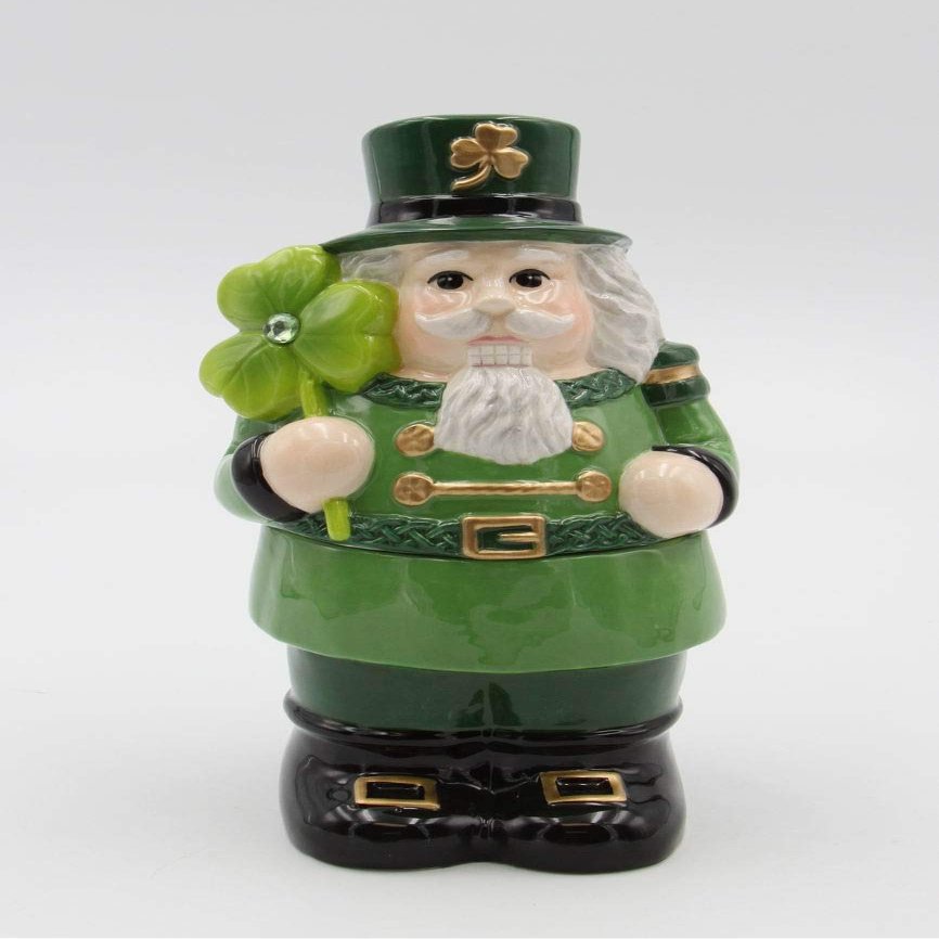 Cosmos Gifts Fine Ceramic Irish Green Nutcracker with Shamrock Candy Box Jar, 7-1/2" H