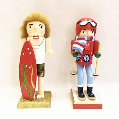 ZAMTAC 2PC/Set Handicraft Summer Series Cute Wooden Nutcracker 25CM Skier and Surfers Ornaments Special Birthday Gift Home Decoration