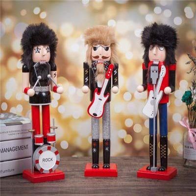 ZAMTAC New 3pcs 1Set 38Cm High Rock Guitar Musician Nutcracker Vintage German Wooden Table Walnut Toy Zakka Dolls - (Color: Light Grey)