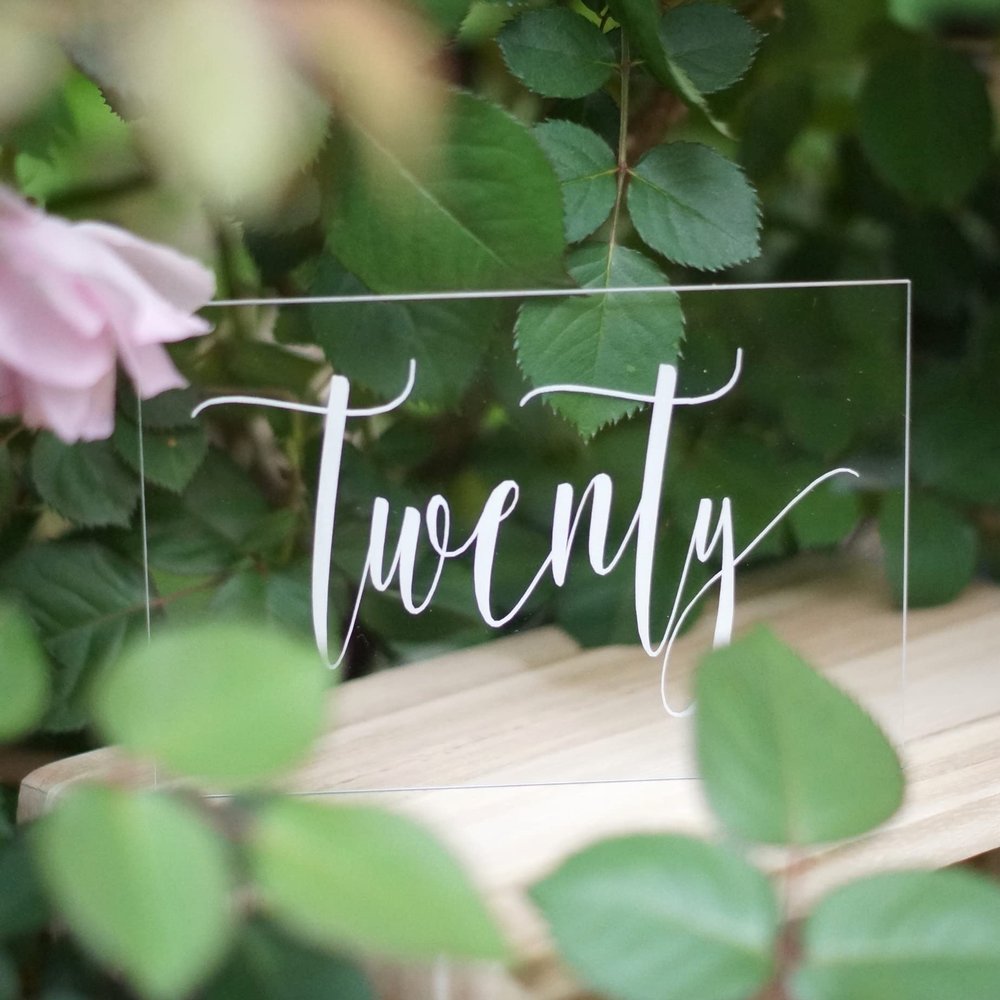 Cedar and Ink Acrylic Wedding Table Numbers 1-20, Acrylic Wedding Signs with Calligraphy Lettering, Glass Like Rustic Reception Event, Frames or Stands not Included (1-20)