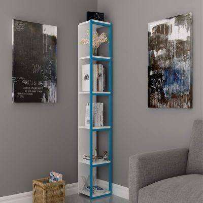 Decorotika Texas 5-Shelf Vintage Industrial Cube Bookshelf, Rustic and Metal Cubic Corner Bookcase with Fancy Color Options (Blue and White)