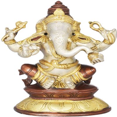 Exotic India Ganesha on Double Lotus Base - Brass Statue - Color Brown Silver Gold Color
