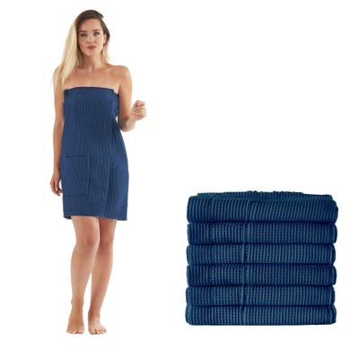 anatolian Womens Adjustable Thin Waffle Weave Body WRAP for Spa Bath Gym - Made in Turkey (6 Pack Navy Blue)
