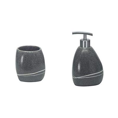Kleine Wolke Bathroom Accessories Set - 2 Pieces - Stones Bathroom Tumbler and Soap Dispenser - Durable Polyresin - The Look and Weight of Smooth Polished Granite - Dark Grey.