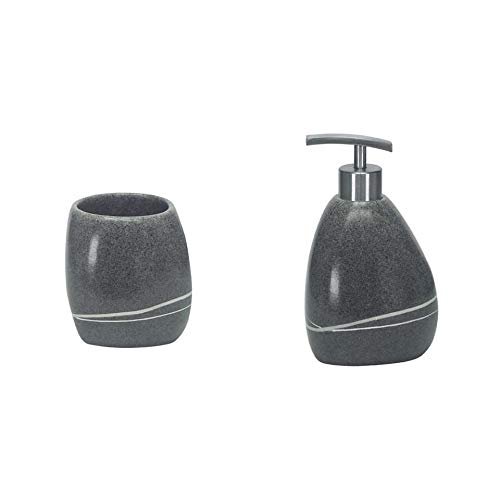 Kleine Wolke Bathroom Accessories Set - 2 Pieces - Stones Bathroom Tumbler and Soap Dispenser - Durable Polyresin - The Look and Weight of Smooth Polished Granite - Dark Grey.