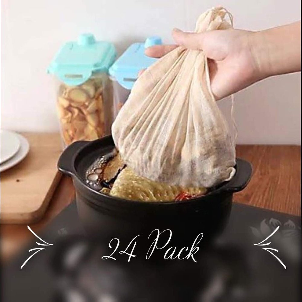 Cotton Mesh Strainer Bags for Soup Making, Reusable Nut Milk Bag, Food Grade Cheesecloth with Drawstring for Bone Broth, Tea, Cold Brew - 24 Pack