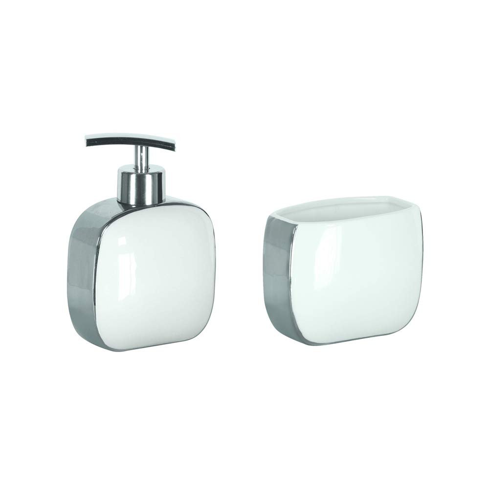 Kleine Wolke Bathroom Accessories Set - 2 Pieces - Pearl Bathroom Tumbler and Soap Dispenser - Luxurious Countertop Accessories. - Shiny Finish - White