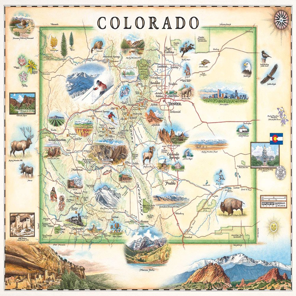 Colorado Map Wall Art Poster - Authentic Hand Drawn Maps in Old World, Antique Style - Art Deco - Lithographic Print