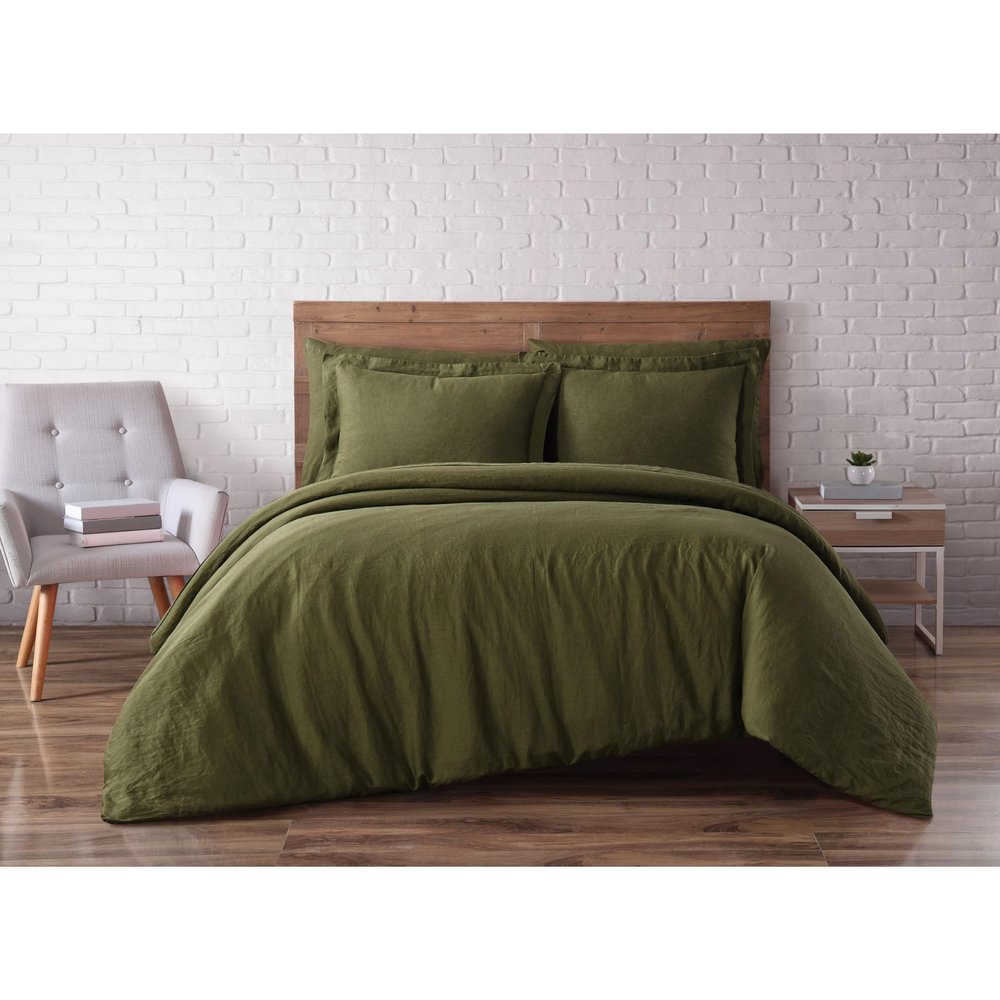 Brooklyn Loom Linen Duvets Olive Green Linen 3-Piece King Duvet Set, Solid Color Themed, for Men and Women, Oeko-TEX Certified Confidence