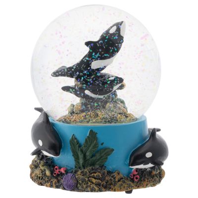 Elanze Designs Coral Reef Orca Pod 100MM Sturdy Wind Up Musical Glitter Water Snow Globe Tabletop Dresser Nightstand Figurine Decoration Plays Tune Wonderful World