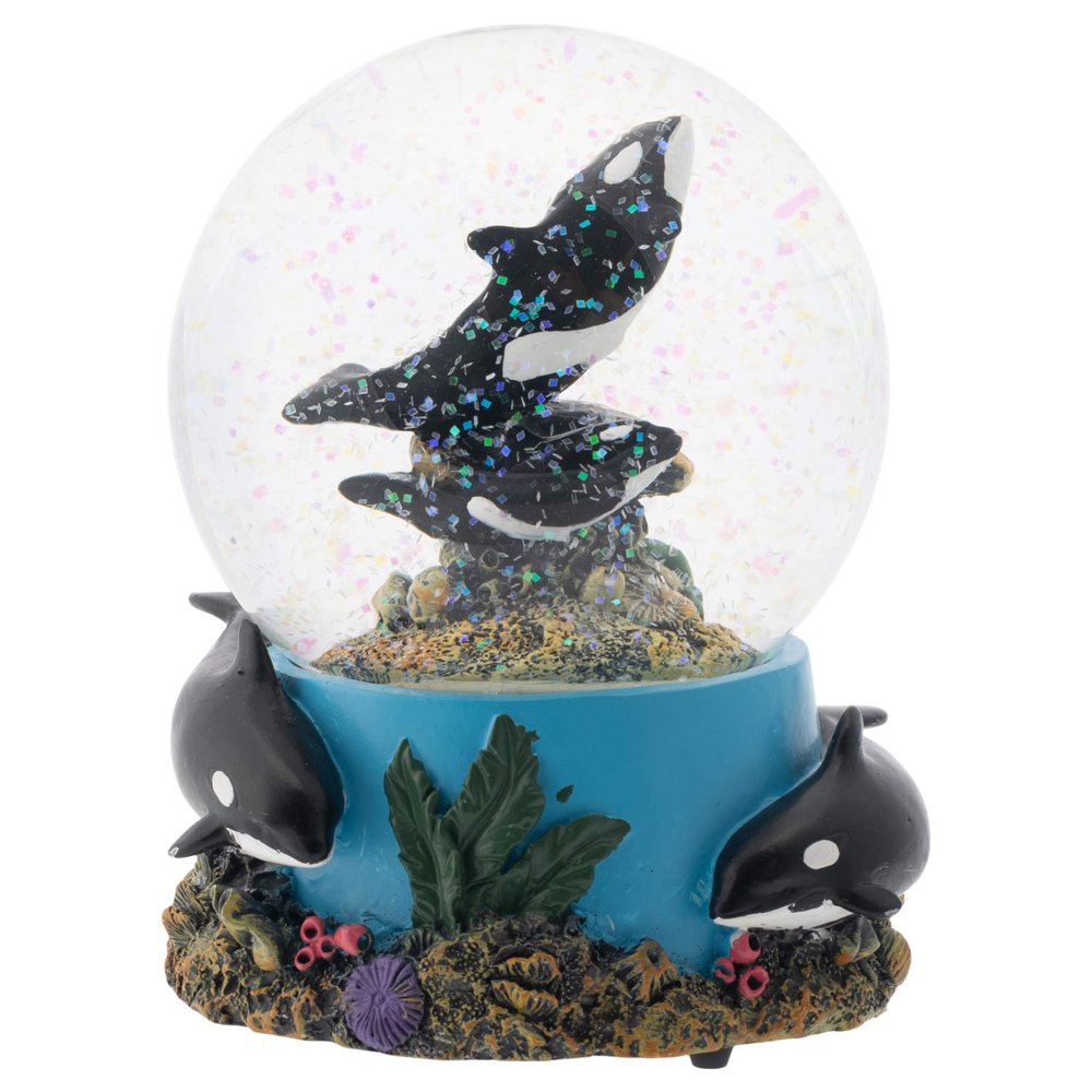 Elanze Designs Coral Reef Orca Pod 100MM Sturdy Wind Up Musical Glitter Water Snow Globe Tabletop Dresser Nightstand Figurine Decoration Plays Tune Wonderful World