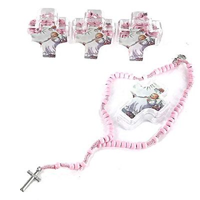OOKI-12 Pcs 10" String Bracelet Rosary Baptism Favors with Cross for Boy or Girl Recuerdos de Bautizo Finger Rosaries (Pink)
