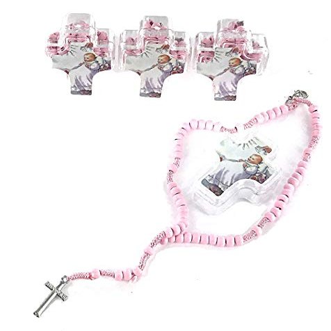 OOKI-12 Pcs 10" String Bracelet Rosary Baptism Favors with Cross for Boy or Girl Recuerdos de Bautizo Finger Rosaries (Pink)