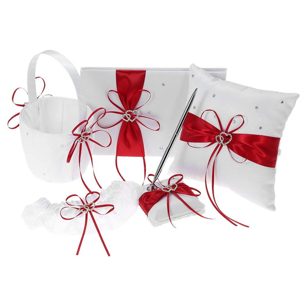 Engerla Bridal Five Wedding Accesorries Sets Red Wedding Guest Wedding Ceremony Supplies Party Favor Sets Wedding Flower Girl Basket Guest Book Pen with Ring Pillow and Garter