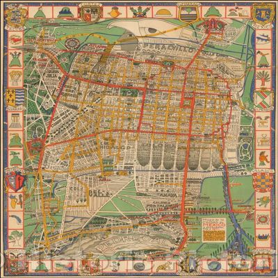 Historic Pictoric 1932 Map of Mexico City and Surroundings - Pictorial Tourist Map Print - 44in x 58in