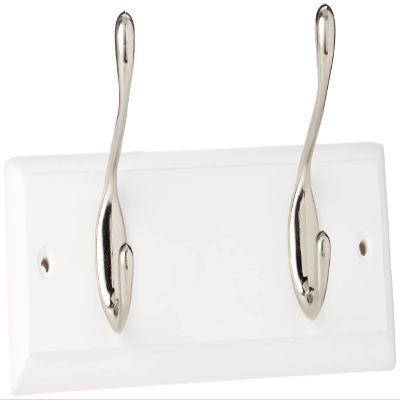 keypak 2-Hook Door Wall Mounted Coat Rack, 22.5cm - White Wooden Board, Satin Nickel Coat Hooks - Fixings Included