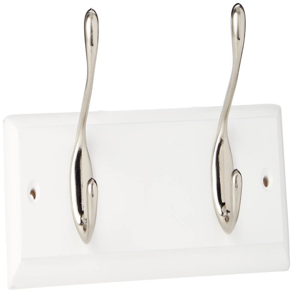 keypak 2-Hook Door Wall Mounted Coat Rack, 22.5cm - White Wooden Board, Satin Nickel Coat Hooks - Fixings Included