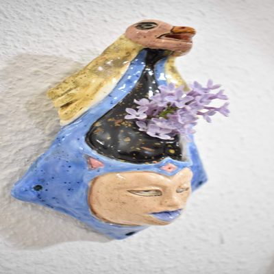 Wall Art Vessel Planter Relief Bird & Face
