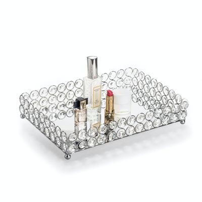 Feyarl Crystal Vanity Makeup Perfume Tray Ornate Jewelry Trinket Organizer Cosmetic Decorative Tray Skin Care Storage for Home Dressing Table Wedding Decoration(Rectangle 12" x 8")