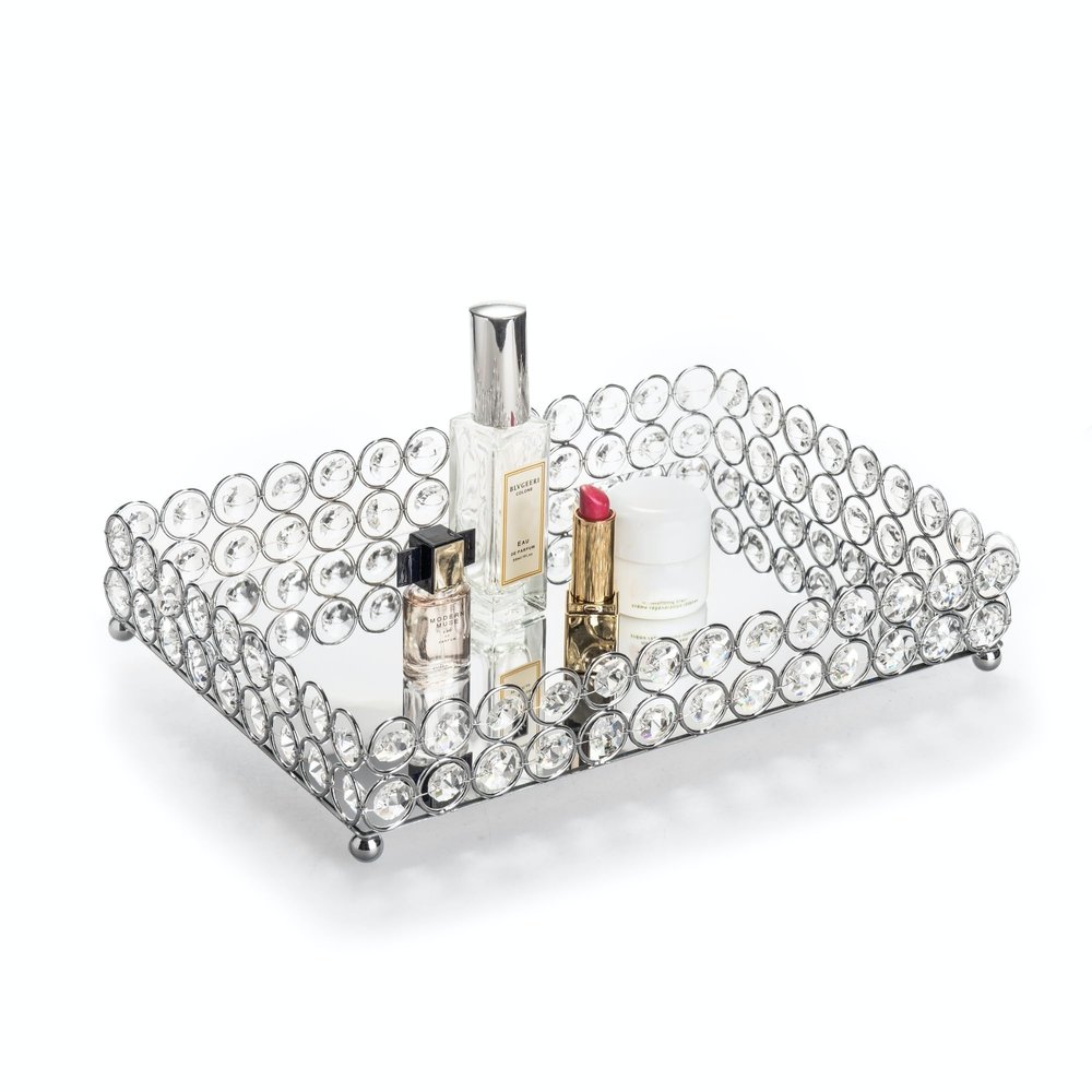 Feyarl Crystal Vanity Makeup Perfume Tray Ornate Jewelry Trinket Organizer Cosmetic Decorative Tray Skin Care Storage for Home Dressing Table Wedding Decoration(Rectangle 12" x 8")