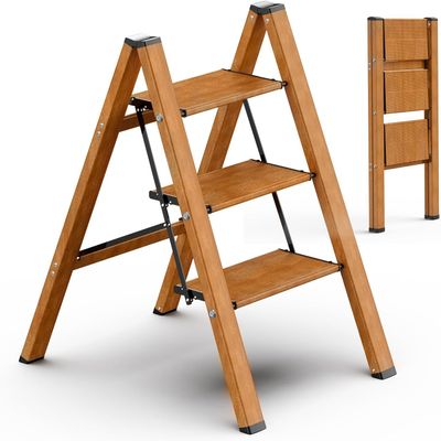 SOLADDER 3 Step Ladder, Folding Wooden Step Stool with Anti-Slip Wide Sturdy Pedal, Multi-Use for Home and Kitchen Use, Space Saving-Woodgrain(300 lbs Capacity)