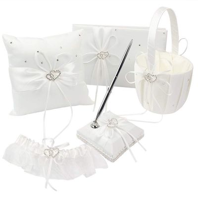 Engerla Bridal Five Wedding Accesorries Sets Ivory Wedding Guest Wedding Ceremony Supplies Party Favor Sets Wedding Flower Girl Basket Guest Book Pen with Ring Pillow and Garter