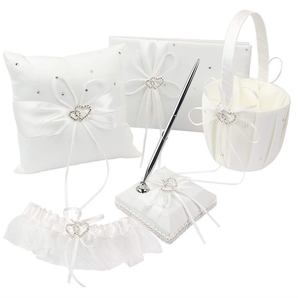 Engerla Bridal Five Wedding Accesorries Sets Ivory Wedding Guest Wedding Ceremony Supplies Party Favor Sets Wedding Flower Girl Basket Guest Book Pen with Ring Pillow and Garter
