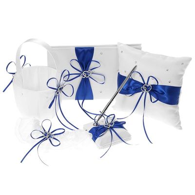 Engerla Bridal Five Wedding Accesorries Sets Blue Wedding Guest Wedding Ceremony Supplies Party Favor Sets Wedding Flower Girl Basket Guest Book Pen with Ring Pillow and Garter