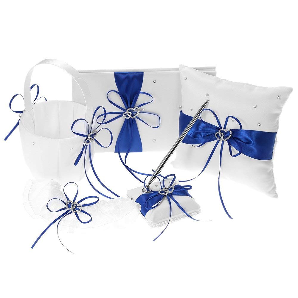 Engerla Bridal Five Wedding Accesorries Sets Blue Wedding Guest Wedding Ceremony Supplies Party Favor Sets Wedding Flower Girl Basket Guest Book Pen with Ring Pillow and Garter