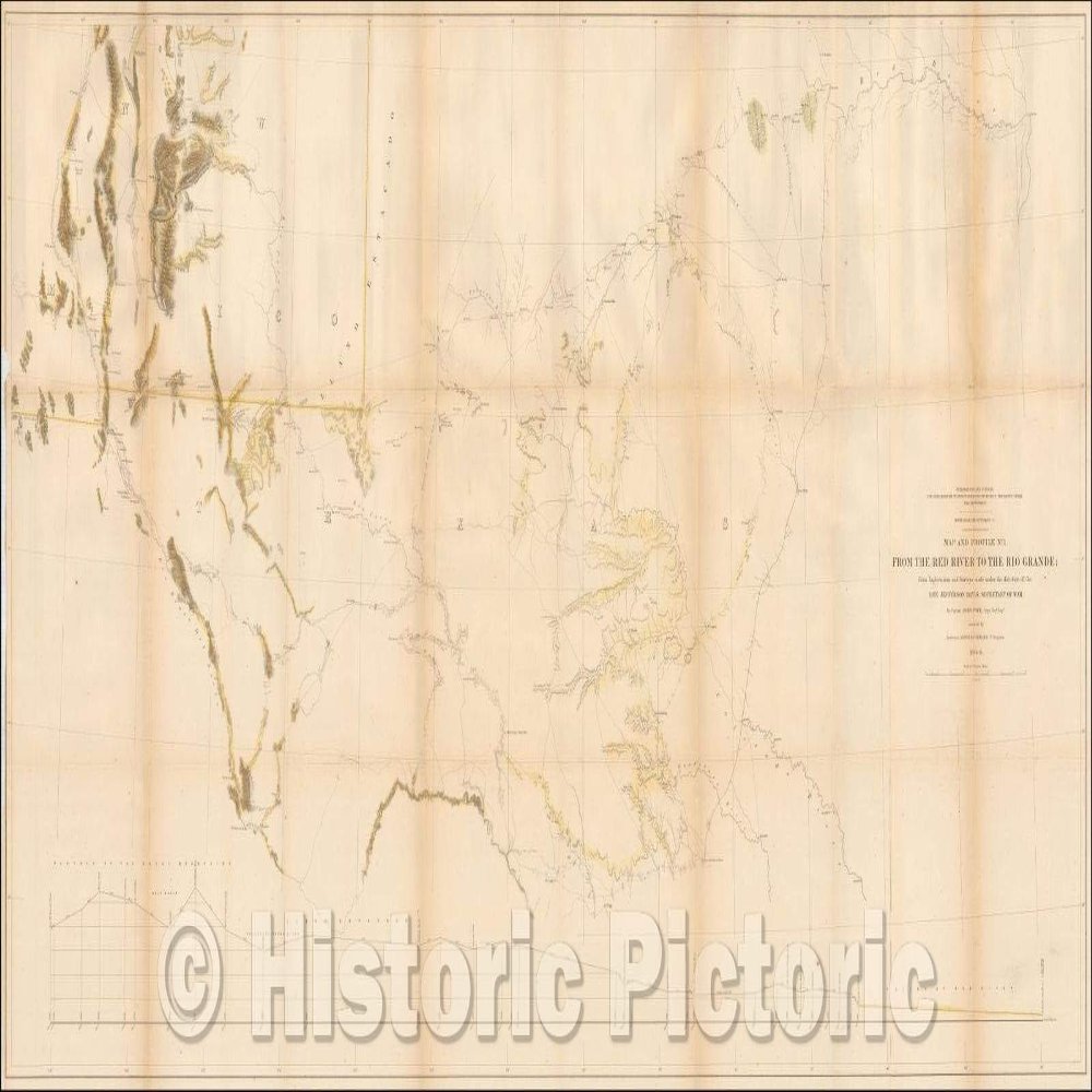Historic Pictoric Red River to Rio Grande Pacific Railroad Survey 1854 Map Print - 90in x 44in