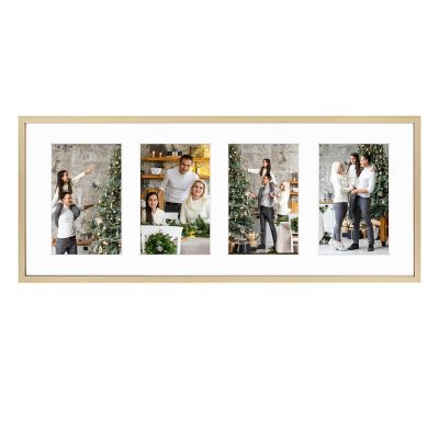 Frametory - 8x20 Aluminum Collage Picture Frame - Display 4x6 Pictures with 4 Openings Mat - Real Glass Front - Horizontal/Vertical Wall Mount - Gold 1 Pack