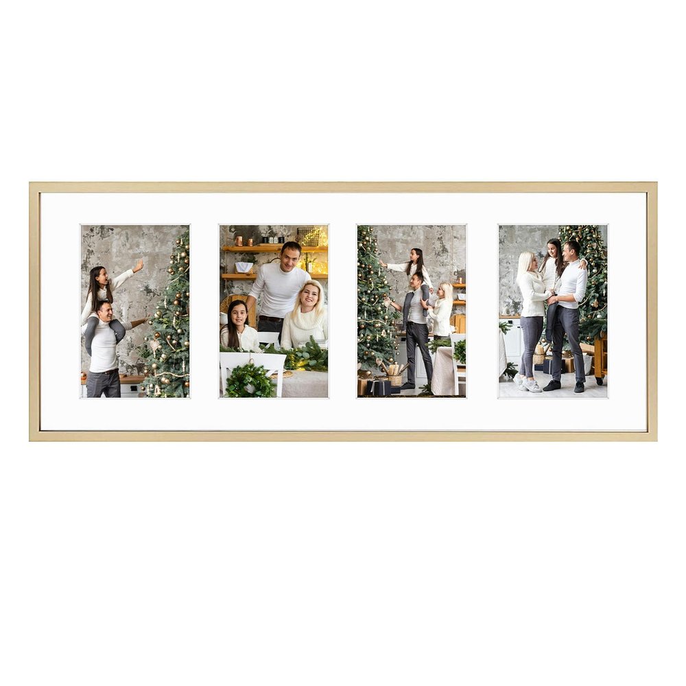 Frametory - 8x20 Aluminum Collage Picture Frame - Display 4x6 Pictures with 4 Openings Mat - Real Glass Front - Horizontal/Vertical Wall Mount - Gold 1 Pack