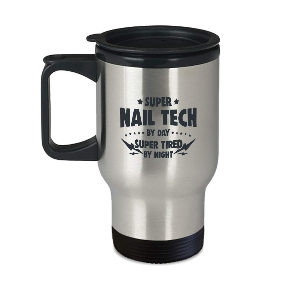 BeeTeeStore Nail Tech Travel Coffee Mug - Funny Super Tired By Night Design - 14oz Stainless Steel Insulated Tumbler with Lid and Handle for Manicurists & Pedicurists