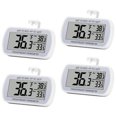 4 Pack Digital Refrigerator Thermometer Fridge Freezer Room Thermometer Waterproof Large LCD Display Max/Min Record Function, White