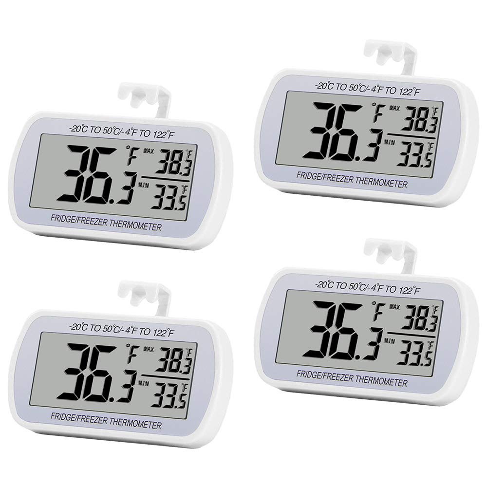 4 Pack Digital Refrigerator Thermometer Fridge Freezer Room Thermometer Waterproof Large LCD Display Max/Min Record Function, White