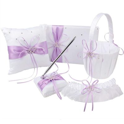 Engerla Bridal Five Wedding Accesorries Sets Light Purple Wedding Guest Wedding Ceremony Supplies Party Favor Sets Wedding Flower Girl Basket Guest Book Pen with Ring Pillow and Garter