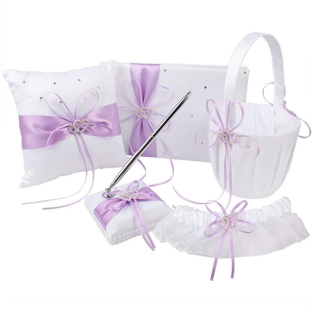 Engerla Bridal Five Wedding Accesorries Sets Light Purple Wedding Guest Wedding Ceremony Supplies Party Favor Sets Wedding Flower Girl Basket Guest Book Pen with Ring Pillow and Garter