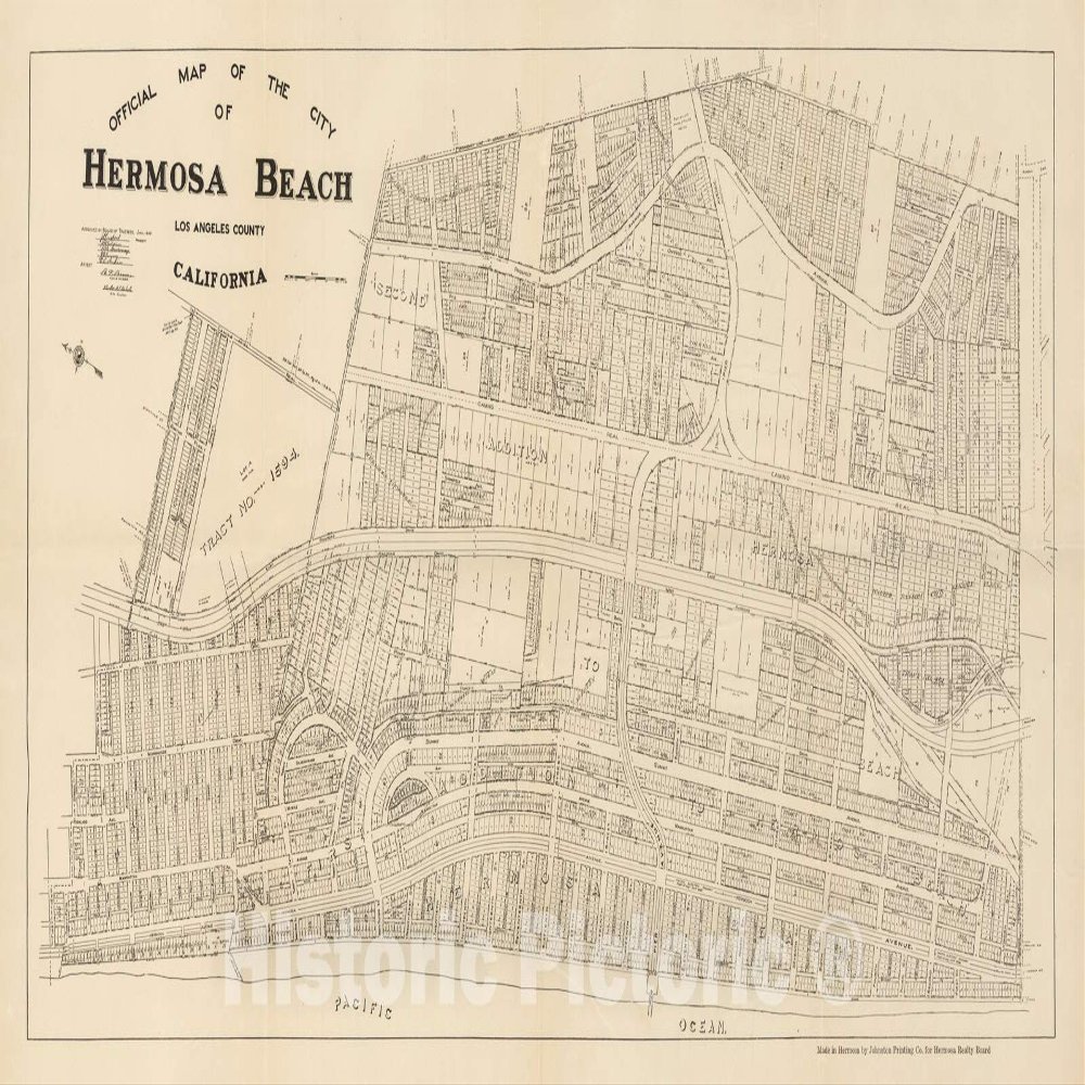 Hermosa Beach City Map 1922 - Los Angeles County California Historical Print - 80in x 44in